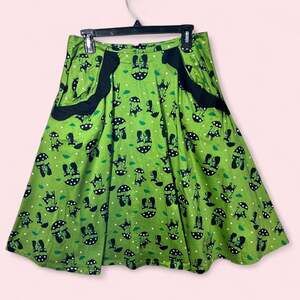 Handmade retro skirt cats with umbrellas print with scalloped trim pockets